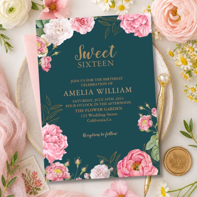 Smaragdgrön Rosa Blommig Sweet 16 Födelsedag Inbjudningar (Skapare uppladdad)
