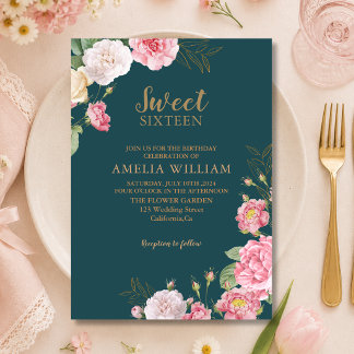 Smaragdgrön Rosa Blommig Sweet 16 Födelsedag Inbjudningar