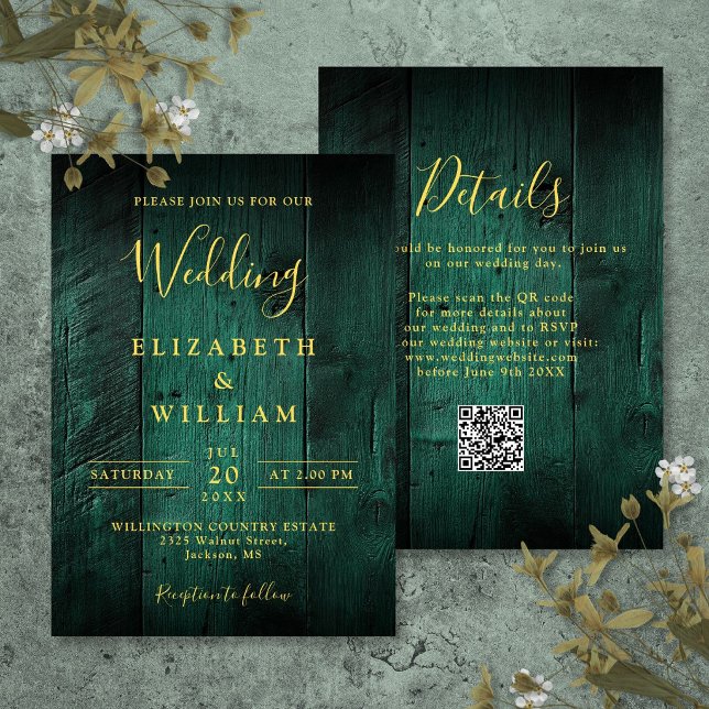 Smaragdgrön Rustik Ladaljus Trähydd Bröllops QR-ko Inbjudningar (Emerald Green Rustic Barn Wood Wedding QR Code Invitation)