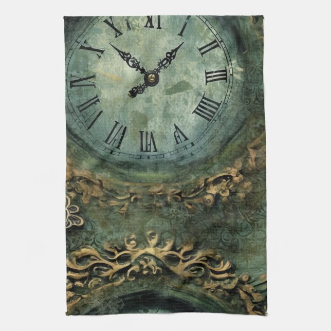 Smaragdgrön Rustik Steampunk Klocka Kökshandduk (Vertikal)