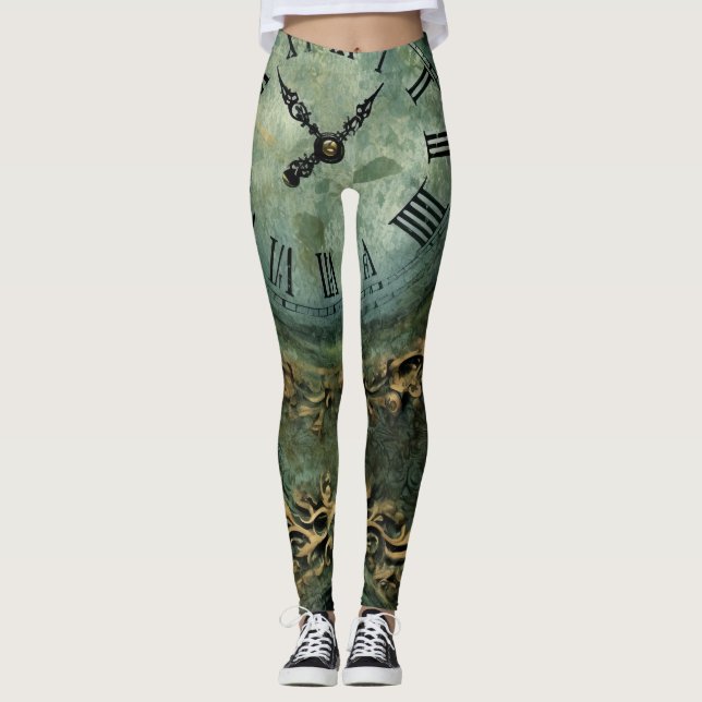 Smaragdgrön Rustik Steampunk-klocka Leggings (Framsida)