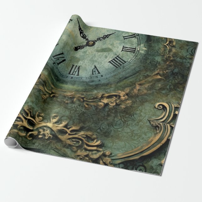 Smaragdgrön Rustik Steampunk-klocka Presentpapper (Utrullad)
