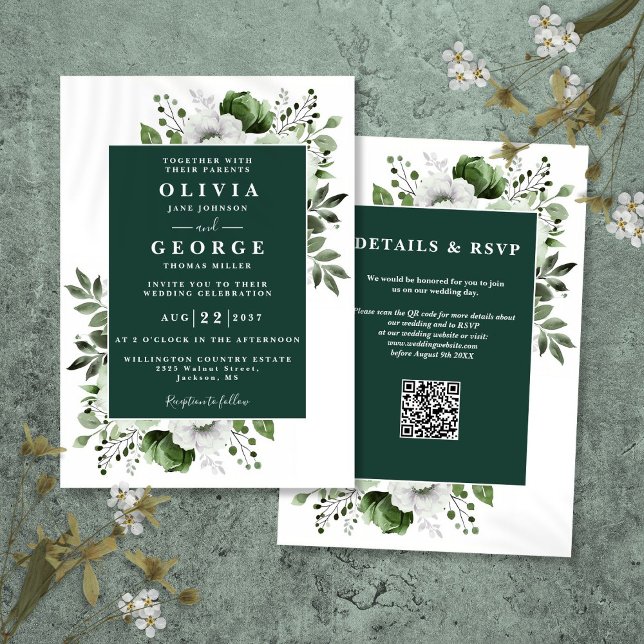 Smaragdgrön rustikal blomster QR-kod bröllop Inbjudningar (Emerald Green Rustic Floral QR Code Wedding Invitation)