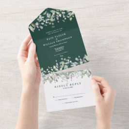 Smaragdgrön Salvia Och Lila Blommig Monogram Bröll