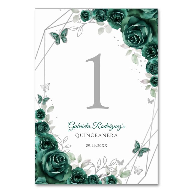 Smaragdgrön Silver Blommig Quinceanera Bordsnummer (Framsidan)