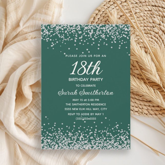 Smaragdgrön Silver Diamant Glitter 18-årsdag Inbjudningar (Elegant emerald green and silver glitter 18th birthday party invitation for women,)