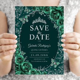 Smaragdgrön Silver Quinceanera Blommig Spara Datumet