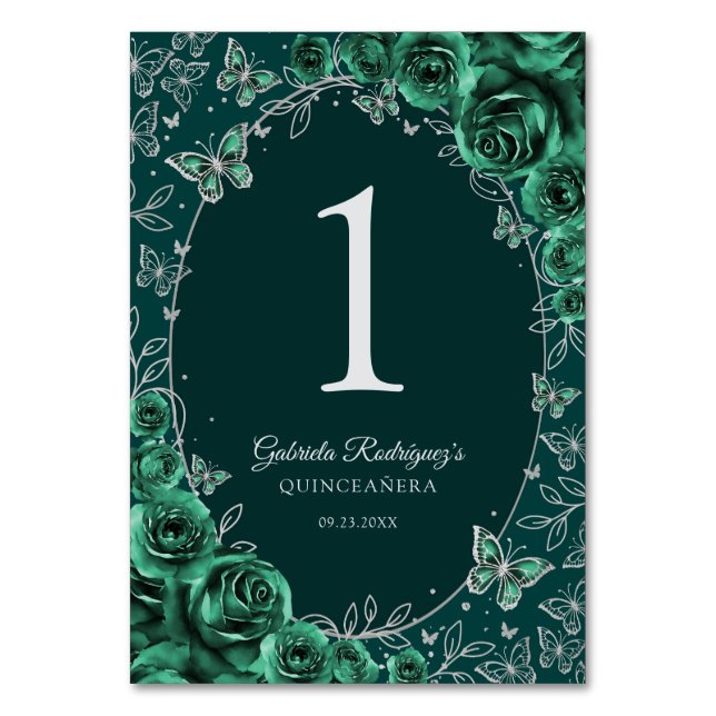 Smaragdgrön Silver Quinceanera Bordsnummer (Framsidan)
