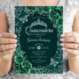 Smaragdgrön Silver Quinceañera Inbjudningar