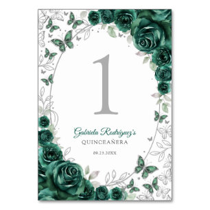 Smaragdgrön silverblommig Quinceanera Bordsnummer