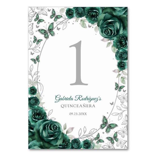 Smaragdgrön silverblommig Quinceanera Bordsnummer (Framsidan)