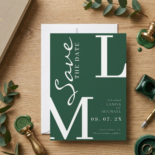 Smaragdgrön stilren monogram bröllop spara datumet (Skapare uppladdad)