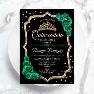 Smaragdgrön Svart Elegant Quinceanera Guld Inbjudningar