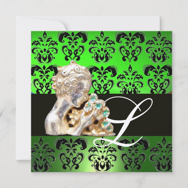 SMARAGDGRÖN, SVART, VIT DAMAST JUWEL MONOGRAM INBJUDNINGAR (Framsida)