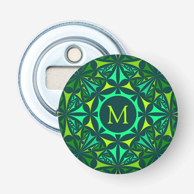 Smaragdgrön utsmyckad kalejdoskopmonogram flasköppnare (Framsidan)