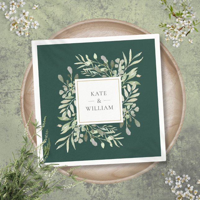 Smaragdgrön vattens färg guld pappersservett (Emerald Watercolor Greenery Gold Napkins)