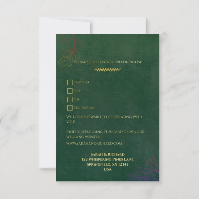 Smaragdgrön Velvet Luxe Guldaccent Bröllop RSVP OSA Kort (Baksida)