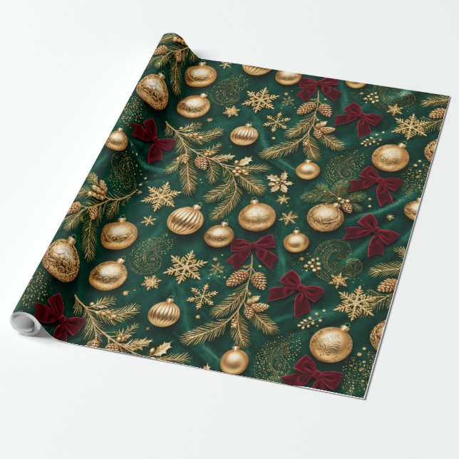Smaragdgrön Velvet Lyx jul,Guld Ornament Presentpapper (Utrullad)