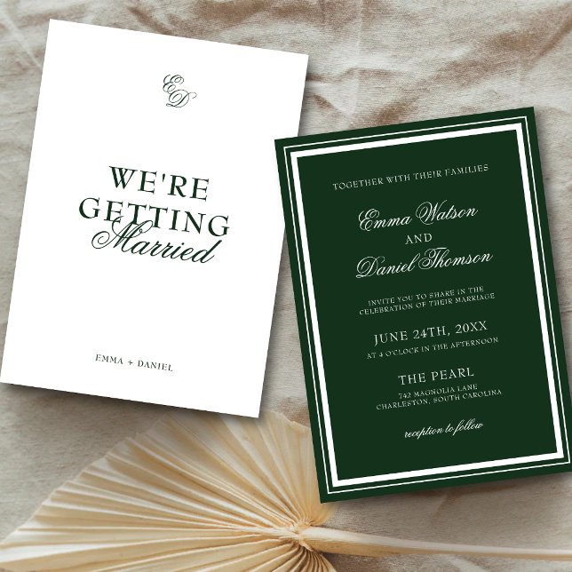 Smaragdgrön Vi Blir Gifta Bröllop Inbjudningar (Emerald green wedding invitation announces your big day with elegant personal style.)