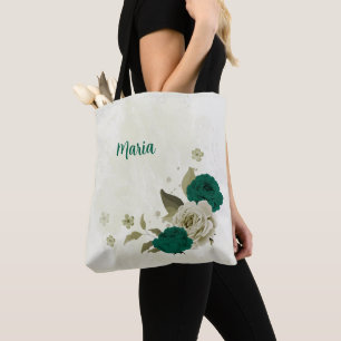 smaragdgröna beige blommor tygkasse