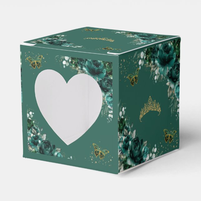 Smaragdgröna blommande fjärilar Quinceanera Mini  Presentaskar (Framsidan Sidan)