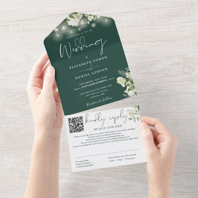 Smaragdgröna blommande slingljus QR-kod bröllop (Avrivbar del)
