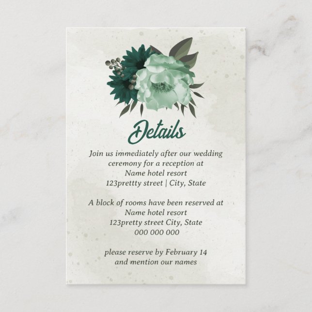 smaragdgröna blommor botanisk bröllop  tilläggskort (Framsida)