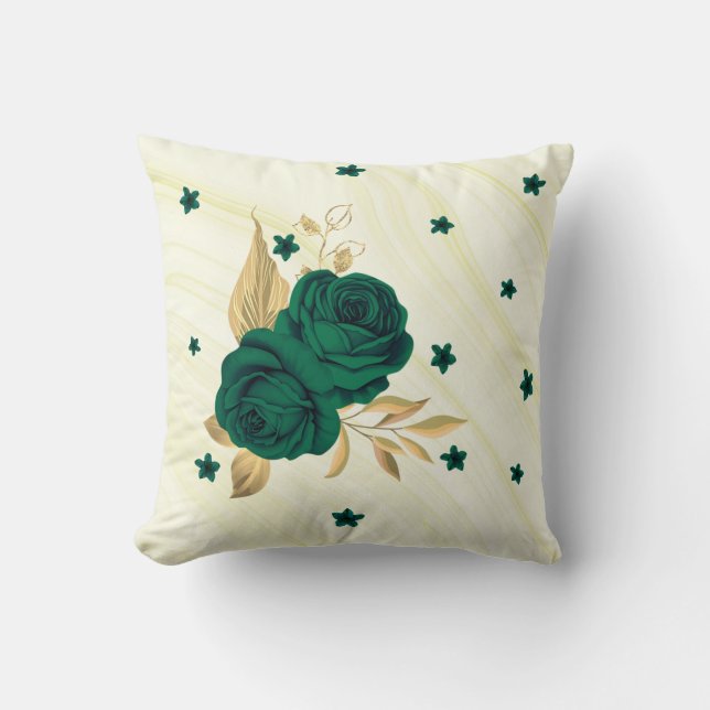 smaragdgröna blommor guldblad marmor kudde (Framsida)