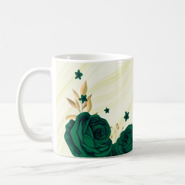 smaragdgröna blommor gyllene blad marmor kaffemugg (Vänster)