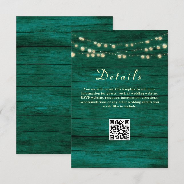 Smaragdgröna bröllopsdetaljer QR-kod Tilläggskort (Fram/baksida)