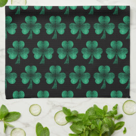 Smaragdgröna gnistrande Shamrock-mönster svart Kökshandduk