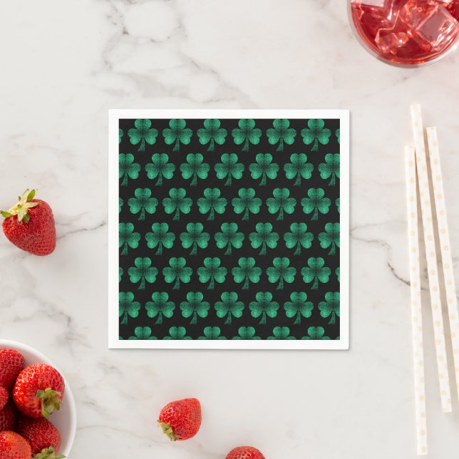 Smaragdgröna gnistrande Shamrock-mönster svart Pappersservett (Insitu)