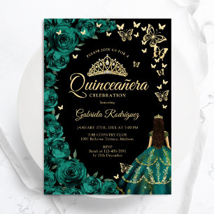 Smaragdgröna Guld Rosor Fjärilar Quinceanera Inbjudningar