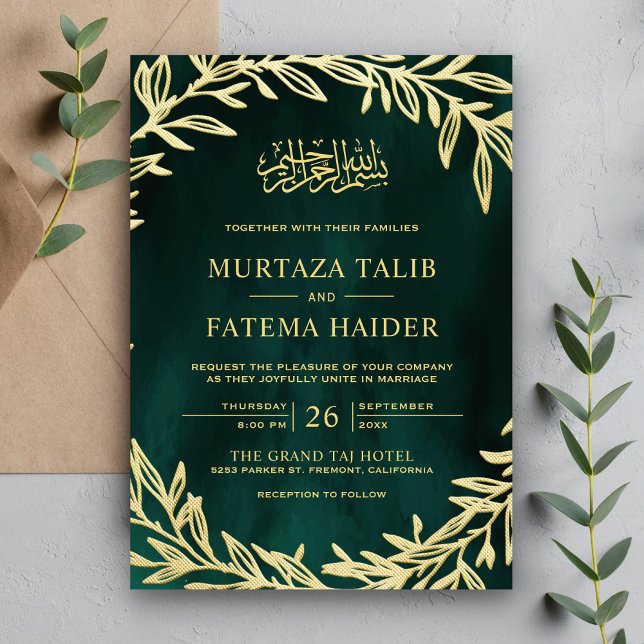 Smaragdgröna guldblad Islamisk muslimsk bröllopsfe Inbjudningar (Skapare uppladdad)
