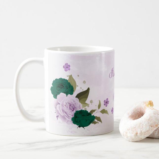 smaragdgröna lila blommor kaffemugg (Med munk)