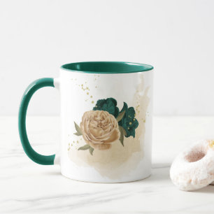 smaragdgröna och beige gyllene blommor mugg