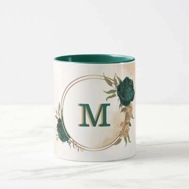 smaragdgröna och beige gyllene blommor mugg (Center)