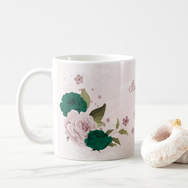 smaragdgröna rosa blommor kaffemugg (Med munk)