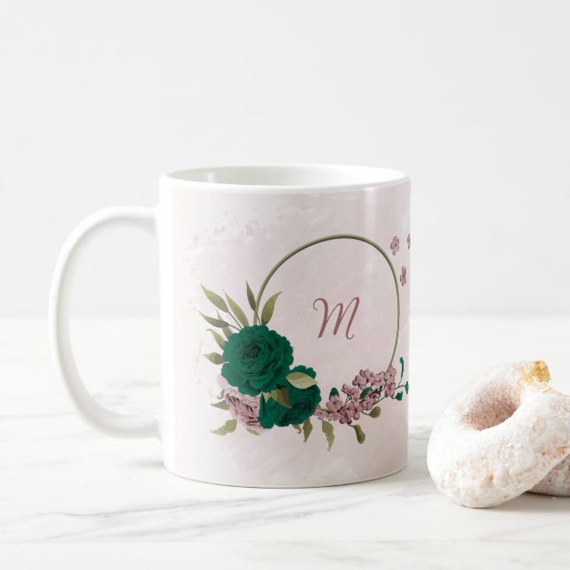 smaragdgröna rosa blommor kaffemugg (Med munk)