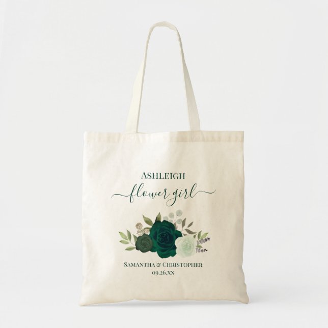 Smaragdgröna Rosor Eleganta Blomsterflicka Bröllop Tygkasse (Framsidan)