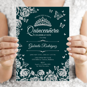 Smaragdgröna Silverrosor Fjärilar Quinceanera Inbjudningar