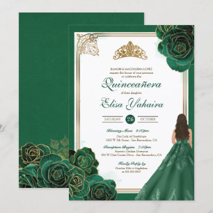 Smaragdgröna vita guldrosor Royal Quinceanera Inbjudningar