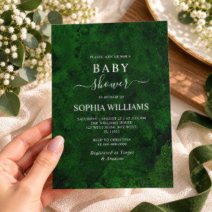 Smaragdgrönhet & Silverkaligrafi Baby Shower Inbjudningar