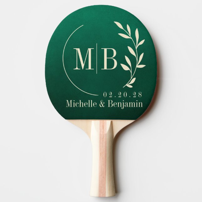 Smaragdgrönt blad bröllopsmonogram pingisracket (Baksidan)