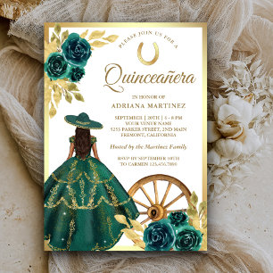 Smaragdgrönt blommigt klänning Charro-guld Quincea Inbjudningar
