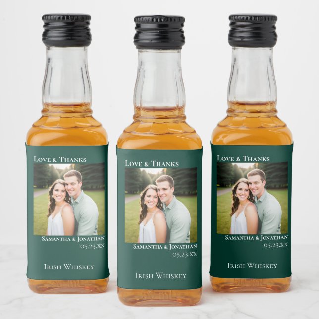 Smaragdgrönt Bröllopsfoto Kärlek & Tacksamhet Mini Spritflaskor Etikett (Flaskor)
