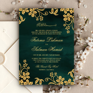 Smaragdgrönt Guld Blommig Islamisk Muslimsk Bröllo Inbjudningar