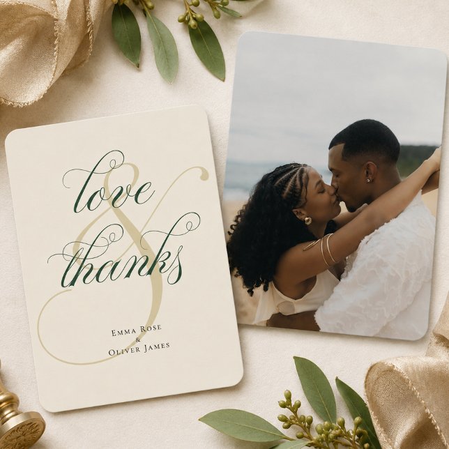 Smaragdgrönt Guld Foto Bröllop Kärlek & Tack Kort (Emerald Green Gold Photo Wedding Love & Thanks Thank You Card)
