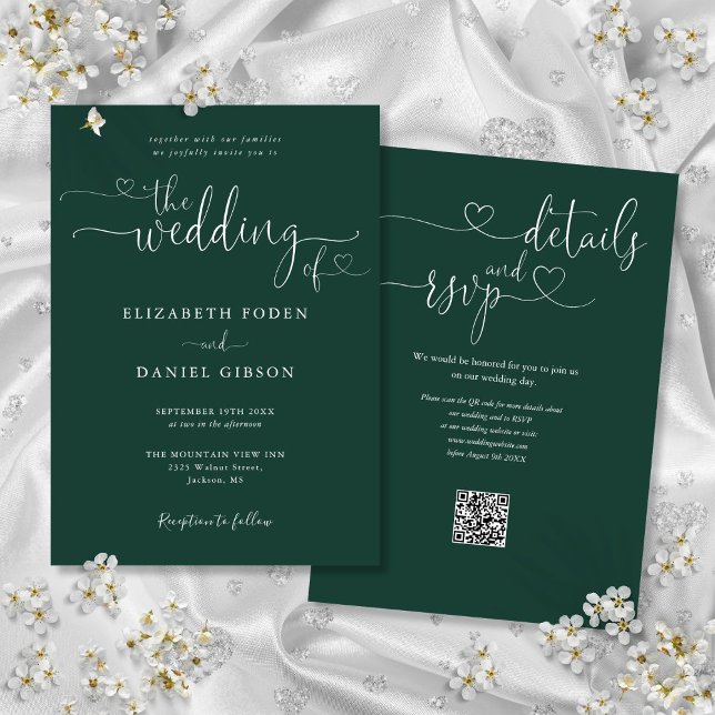 Smaragdgrönt hjärtskrift QR-kod Bröllop Inbjudningar (Emerald Green Heart Script QR Code Wedding Invitation)