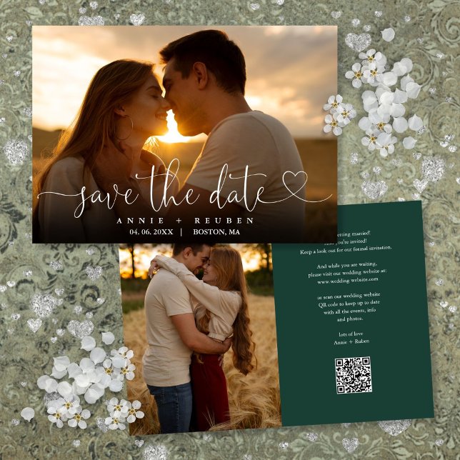Smaragdgrönt hjärtskriftfoto Bröllops QR-kod Spara Datumet (Emerald Green Heart Script Photo Wedding QR Code Save The Date)